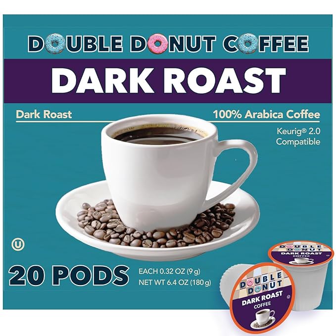 Double Donut Coffee Dark Roast Coffee Pods, Extra Bold Blend Coffee, Compatible with Keurig K Cups Brewers, 20 Count 20 Count