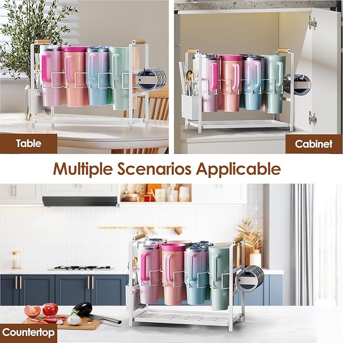 Housolution Water Bottle Organizer Drying Rack for 40 oz Tumbler with Handle, Multifunctional Cup Storage Holder Compatible with Stanley, Owala, Simple Modern and Other Brands, White (Patented)