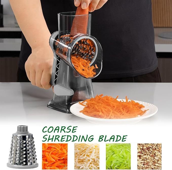 Cheese Grater Rotary Cheese Grater,Versatile Cheese Shredder,Blades for Shredding, Grating, Slicing,Cheese Shredder with Suction Base and Cleaning Brush Kitchen Gift (gray)