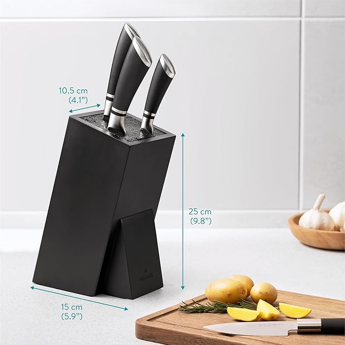 Navaris Knife Block, Black - Universal Knife Storage Solution - Bamboo Kitchen Knives Holder with Bristles - Tilted Storage for Easy Access - Removable Insert for Easy Cleaning