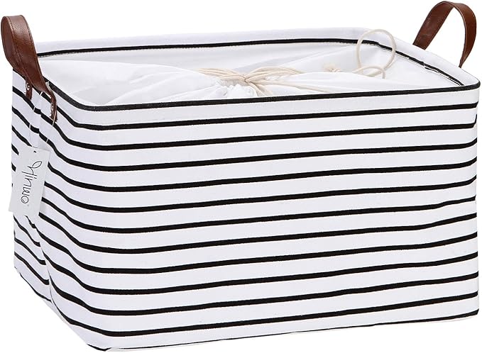 Hinwo 31L Large Storage Bins, Closet Organizers and Storage, Shelf Baskets, Foldable Clothes Storage Baskets with Handles, Containers for Clothing, Blanket, Towels, Toys, Bedding (Black Stripe)