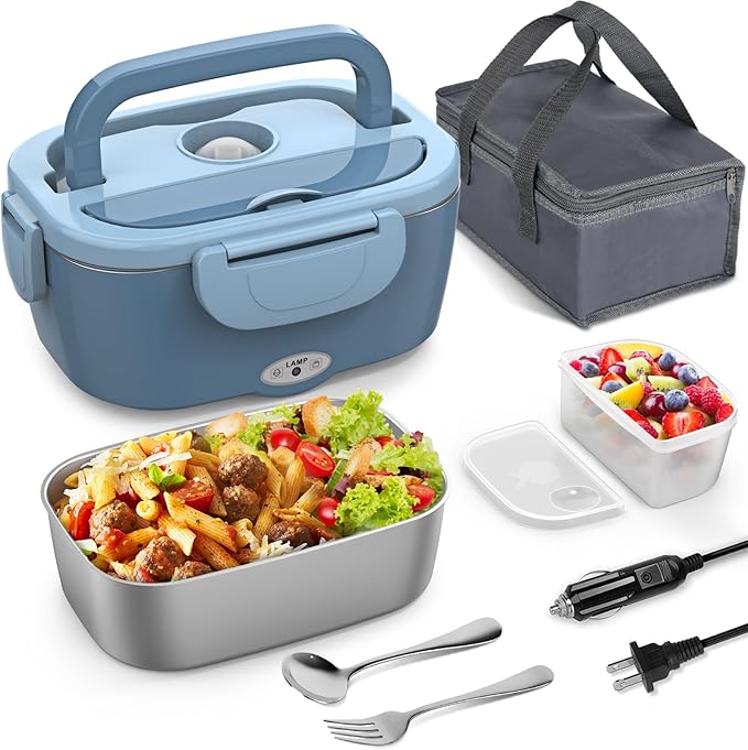 Vingud Electric Lunch Box Food Heater, 3 in 1 Heating Lunch Box for Work/Car/Truck, Heated Lunch Boxes for Adults with 1.5L Stainless Steel Container, 12V 24V 110V (Blue)