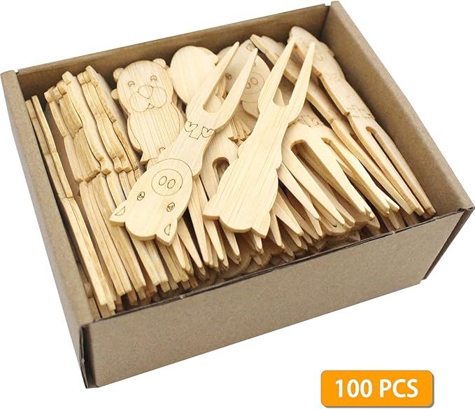 BLUE TOP 100pcs Cute Animals Food picks for Party Bamboo Mini Forks 3.5inch Food picks Bamboo Enviromental material Reuseable Mini Appetizers Picks for Food,Appetizer,Pastry Children's Day