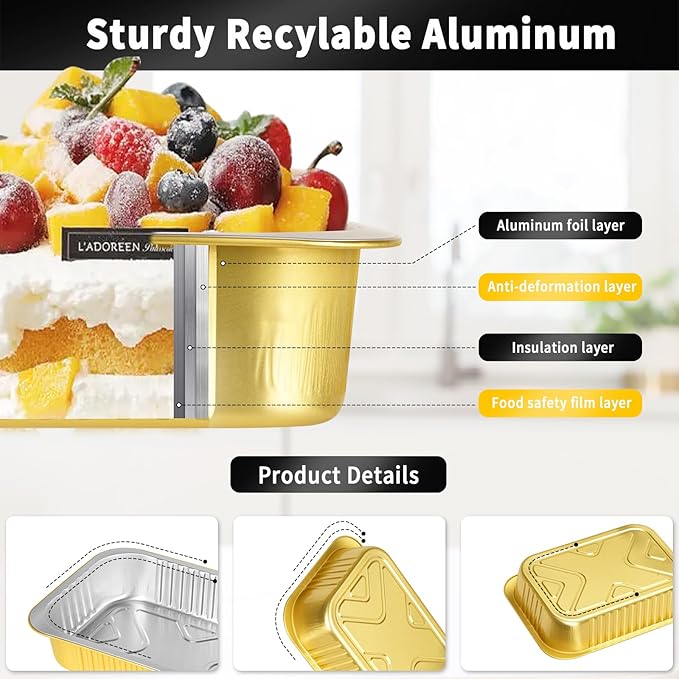 20 Pack 11"×8"×2" Gold Aluminum Foil Pans with Lids Heavy Duty, 5 LB Foil Food Containers with Lids, Disposable Tin Foil Pans for Baking, Meal Prep, Freezer, Heating and Takeout
