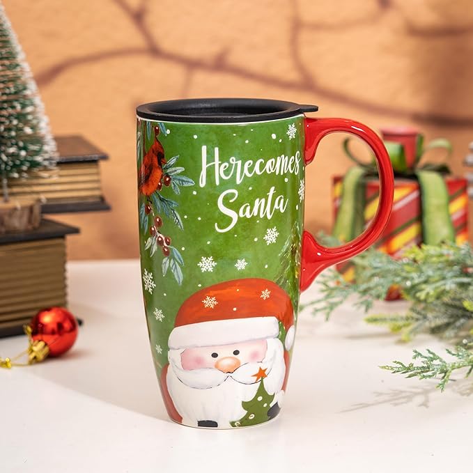 Topadorn Christmas Ceramic Mug Coffee Cup with Sealed Lid and Gift Box Latte Mug, 17oz. Here Comes Santa Claus