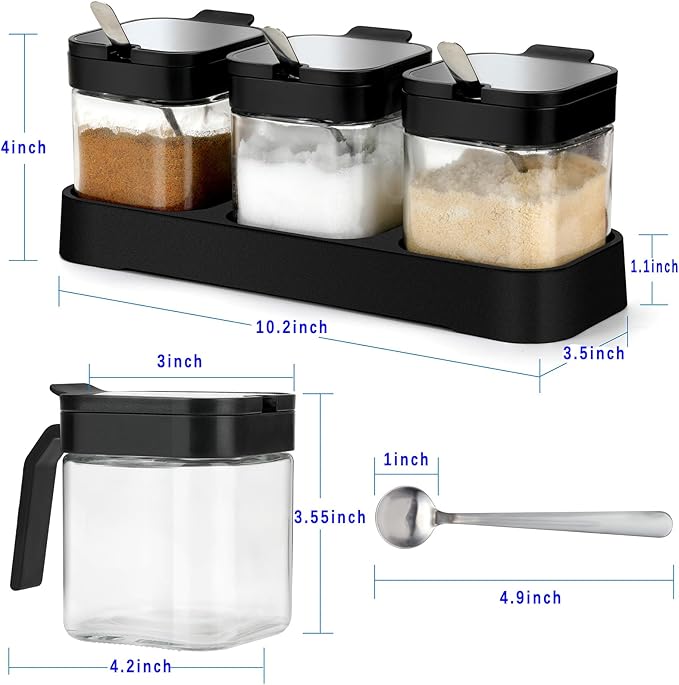 Mlici Condiment Jar Spice Container with Lids and Spoons, 8.6oz Clear Glass Condiment Canisters Pots Seasoning Box Salt Container Sugar Bowl Set of 3 for Kitchen, Containers, Black