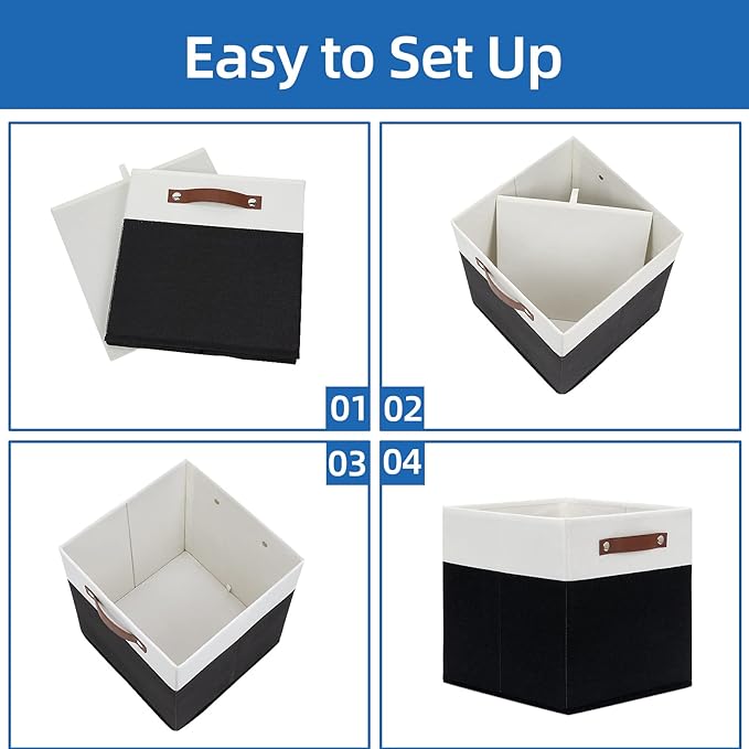 Temary Foldable Storage Cubes Set of 4 - Organizers with Handles, Decorative Storage Boxes for Home, Office (White&Black)
