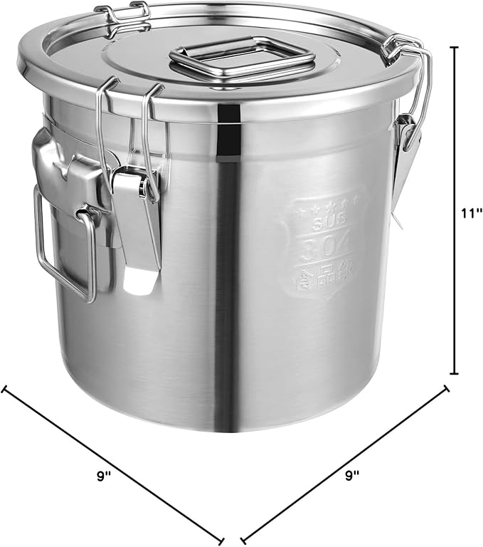 304 Stainless Steel Airtight Canister for Kitchen, 3.2Gal/405oz Flour Container with Lids and Sturdy Locking Clamp, Metal Bucket Food Storage Containers for Rice Flour Coffee Bean Tea