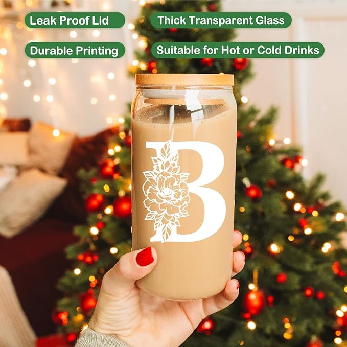 Coolife Initial Glass Cup, Monogrammed Gifts for Women, 16 oz Glass Cups w/Lids Straws, Iced Coffee Smoothie Beer Tumbler w/Straw Lid - Personalized Christmas, Birthday Gifts for Her Mom Friend Woman