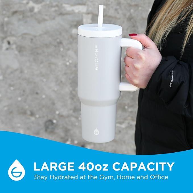 GROSCHE ASPEN 40 oz tumbler with handle and straw. Extreme insulation, classy design, built to last insulated stainless steel tumbler with handle, lid and straw - Lunar Grey