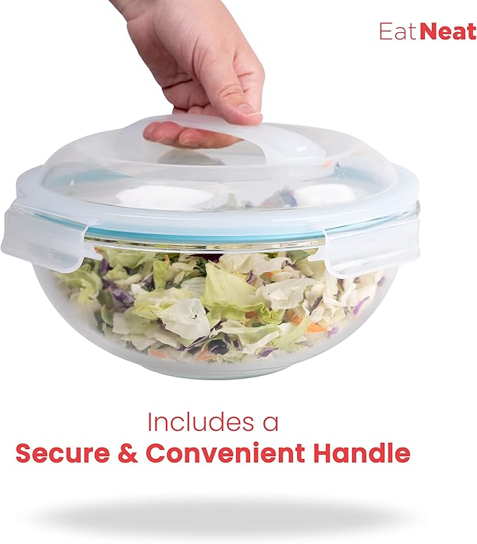 EatNeat 5‑Piece Glass Food Storage Bowl Set with Locking Lids – Airtight, Nesting, Stackable Bowls – Oven, Microwave Safe – Great Gift for Meal Prep, Salads, Leftovers, Baking & Cooking