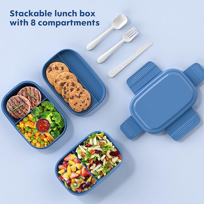 Stackable Bento Box Adult Lunch Box, Large Capacity 1900ml Lunchbox with Utensil Set, Leak-Proof for Dining Out, Work, Picnic, School