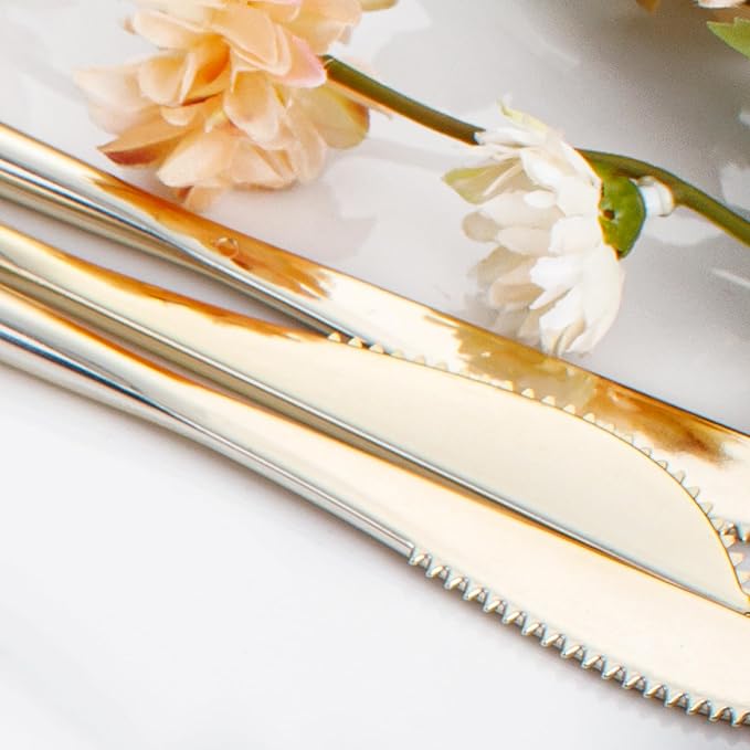 I00000 90 Pcs Gold Plastic Knives,Plastic Silverware, Gold Disposable Utensils, Heavy Duty Disposable Knives Dinnerware Perfect for Parties, Wedding & Dinners