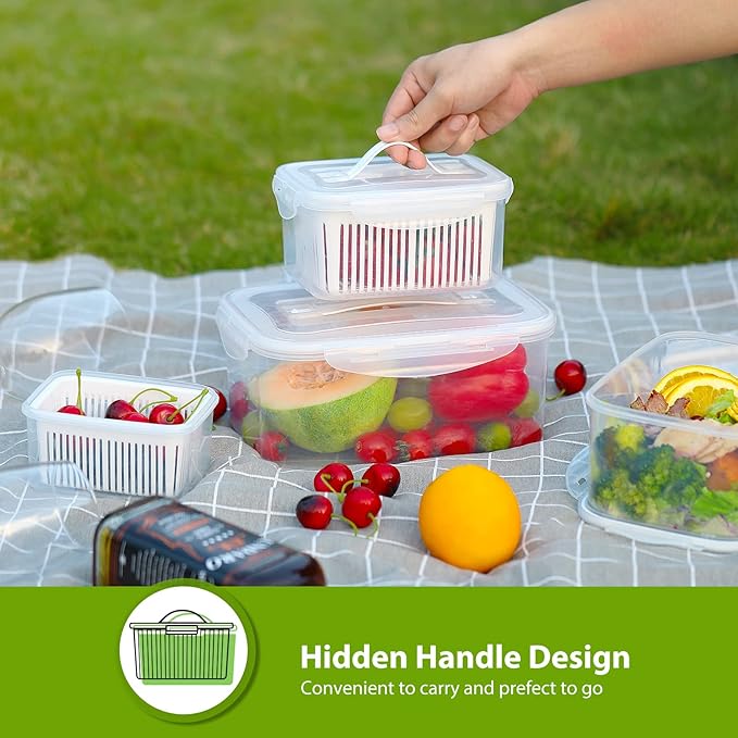LUXEAR Larger Fruit Vegetable Produce Storage Saver Containers with Lid & Colander 5 Packs BPA-Free Plastic Fresh Keeper Set | Refrigerator Fridge Organizer | for Salad Berry Lettuce Food Celery
