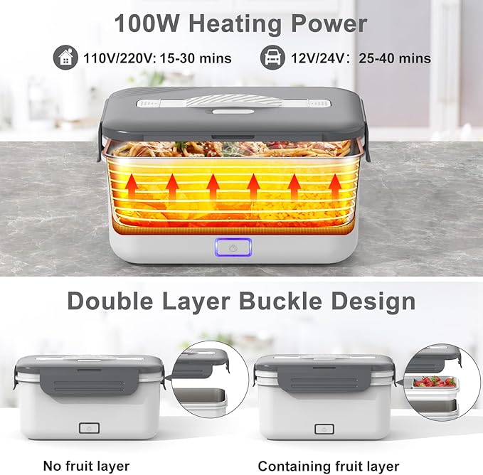 Electric Lunch Box Food Heater 100W, 4 in 1 Ultra Quick Heated Lunch Boxes for Adults 12V/24V/110V/220V Portable Food Warmer for Car/Truck/Office With Fork Spoon and Insulated Carry Bag