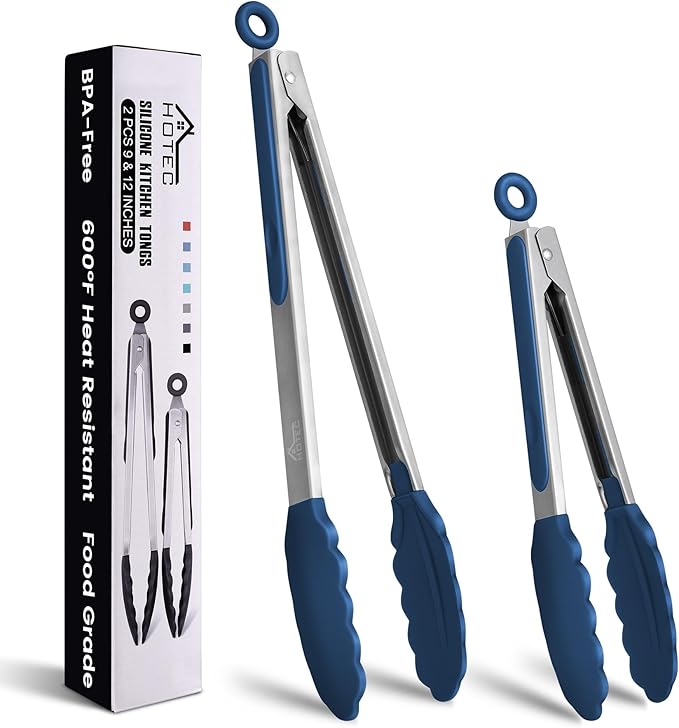HOTEC Premium Stainless Steel Locking Kitchen Tongs with Silicon Tips, Set of 2-9" and 12", Classic Blue