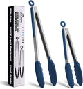 HOTEC Premium Stainless Steel Locking Kitchen Tongs with Silicon Tips, Set of 2-9" and 12", Classic Blue