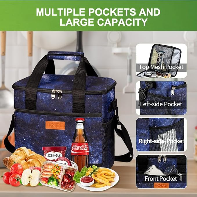 iknoe Large Cooler Bag Collapsible 24 Can Insulated Bags Leakproof Lunch Cooler Tote with Multi-Pockets for Adult Insulated Thermal Bag for Beach, Picnic, Office Work, Galaxy