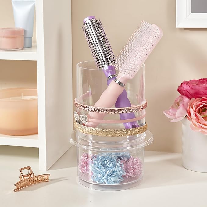 STORi Bella Stackable Clear Plastic Hair Accessory Organizer Set | Round Headband and Hairbrush Holder Stacks on The Storage Containers with Tray Lid | Made in USA