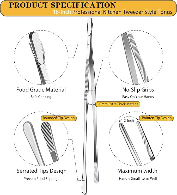 JETKONG 16-Inch Fine Tweezer Tongs Extra-Long Cooking Tweezer Stainless Steel Kitchen Tweezers (Round-Tips)