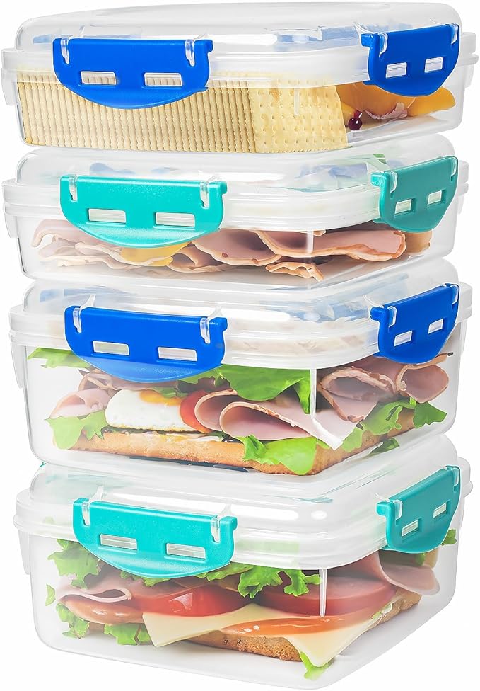 4 PCS Sandwich Containers - 100% Airtight & BPA-Free & Microwave & Dishwasher Safe Kitchen Storage Containers with Upgraded Snaps, 2 heightened Containers for Lunch Boxes and 2 normal version