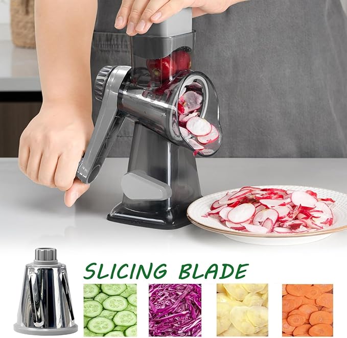 Cheese Grater Rotary Cheese Grater,Versatile Cheese Shredder,Blades for Shredding, Grating, Slicing,Cheese Shredder with Suction Base and Cleaning Brush Kitchen Gift (gray)