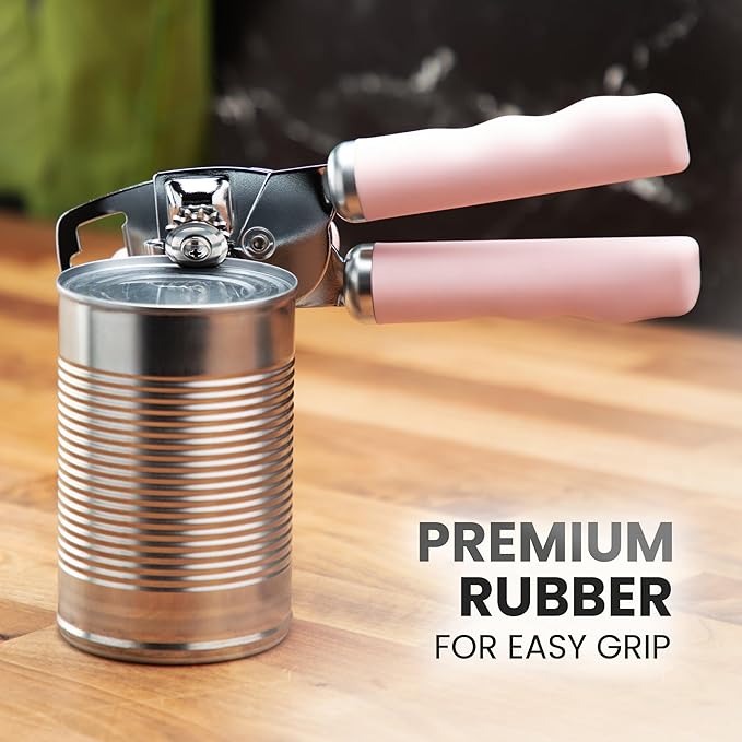 Zulay Kitchen Heavy Duty Stainless Steel Can Opener Manual with Bottle Opener - Rust Proof Manual Can Opener With Turn Knob & Comfy Soft Grip Handles - Light Pink