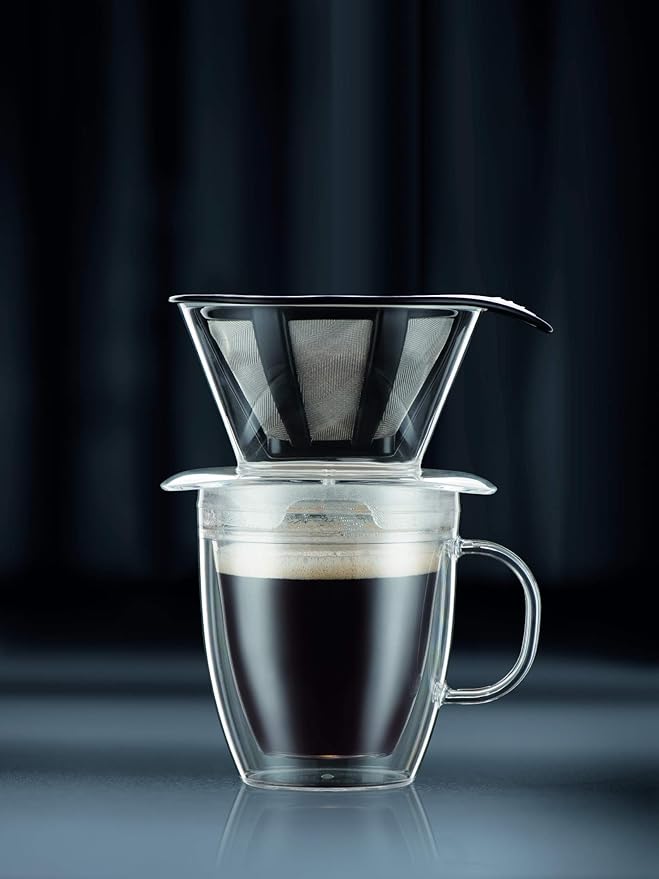 Bodum 12oz Pour Over Coffee Dripper Set w/Double Wall Mug and Reusable Permanent Filter, Plastic, BPA-Free, Clear