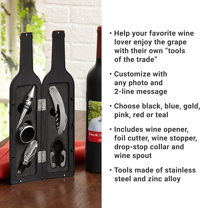 Let's Make Memories Personalized Photo 5-Piece Wine Tool Set - Wine Bottle Opener - Black
