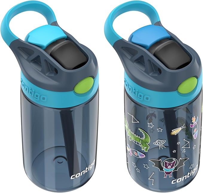 Contigo AutoSpout Kids Water Bottle with Pop up-Straw, 14oz, BPA-Free Plastic, 2-Pack, Blueberry & Bluberry Nightfall, Great for Home and School