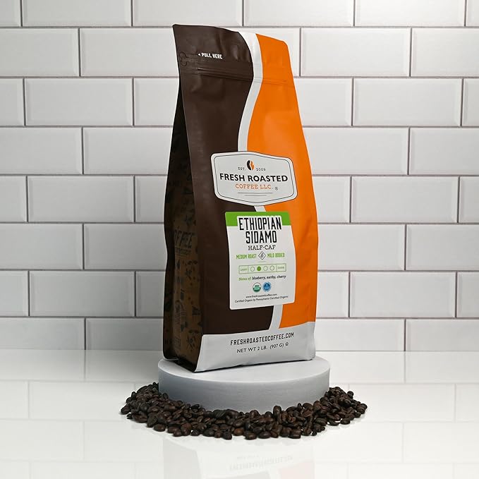 Fresh Roasted Coffee, Organic Ethiopian Sidamo Water-Processed Half-Caf | USDA Organic, 100% Single Origin, Kosher | Medium Roast 2 lb (32 oz) Whole Bean