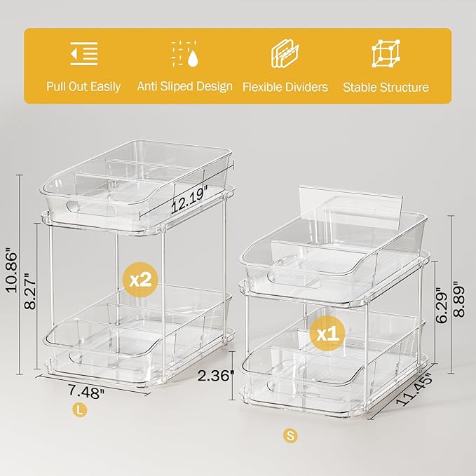 Delamu 2-Tier Under Sink Organizers and Storage, Multi-Purpose Stackable Bathroom Cabinet Organizers, Pull Out Kitchen Pantry Organization and Storage with Dividers(3 Pack, Clear)