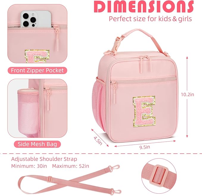 Initial Insulated Lunch Bag for Girls Kids, Back to School Gift, Reusable Leak-proof Lunch Box with Adjustable Strap for School Daycare Travel Picnic (Pink,E)