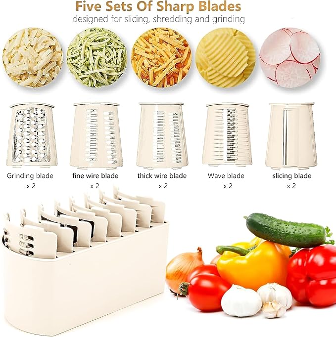 Rotary Cheese Grater with Handle Vegetable Shredder with 5 Interchangeable Blades, Kitchen Food Slicer and Chopper with Strong Suction Base for Fruit Vegetables Nuts with Blade Storage Box (White)