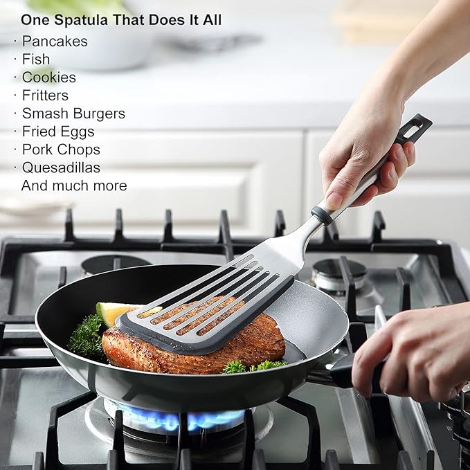 Fish Spatula for Nonstick Cookware, Stainless Steel Slotted Spatula with Silicone Edge, Flexible Metal Turner for Cooking, Flipping, Frying, 12.6" Egg Flipper Utensils, Heat Resistant Handle