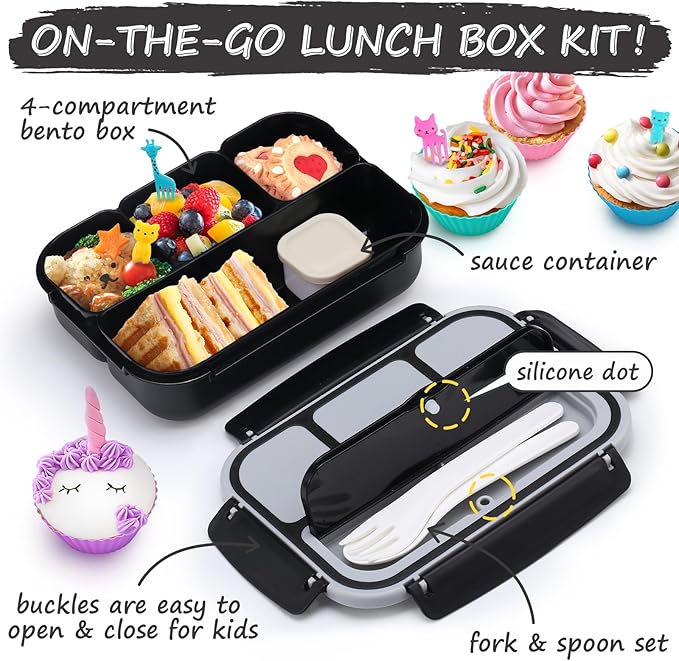 QQKO Bento Box for Kids Adults, School Toddler Lunch Box for Boys Girls, Lunch Box Containers with 4 Compartments, Sauce Container, Utensils, Food Picks and Muffin Cups for School, Black Gray