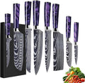 8-Piece Premium Japanese Kitchen Knife Set - Imperial Collection, Laser Damascus Pattern, 440A Stainless Steel Ultra Sharp for Fast Cutting (Purple 8J)