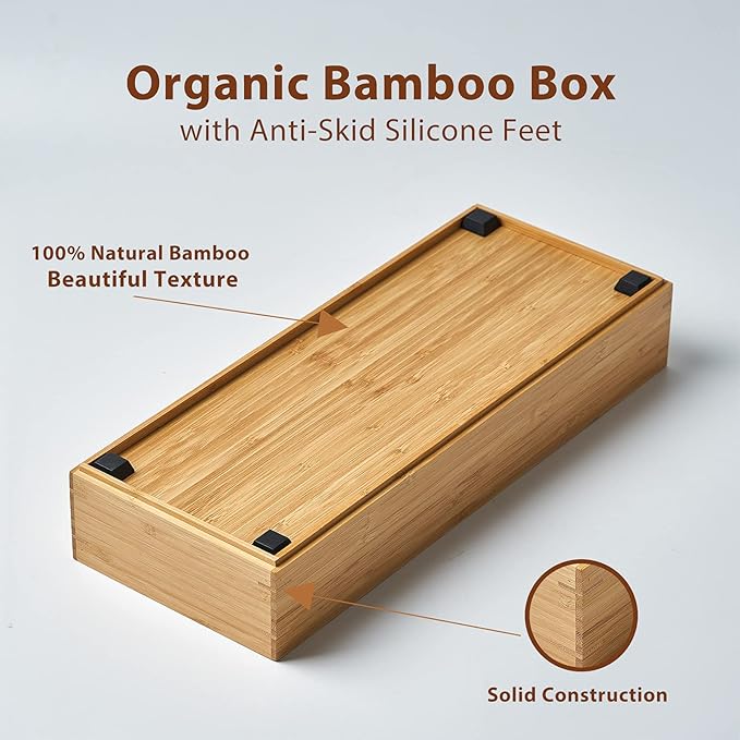 Umilife Bamboo Kitchen Drawer Organizer Boxes with Anti-Skid Silicone Feet, 2pcs Stackable Storage Bins for Kitchen Utensils & Silverware & Desk Drawer & Makeup, Tools Holder, 15”L x 6”W x 2.5”D Each