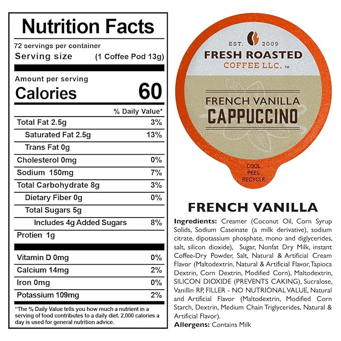 Fresh Roasted Coffee, French Vanilla Cappuccino Powdered Drink Pods, K-Cup Compatible, 72 Count