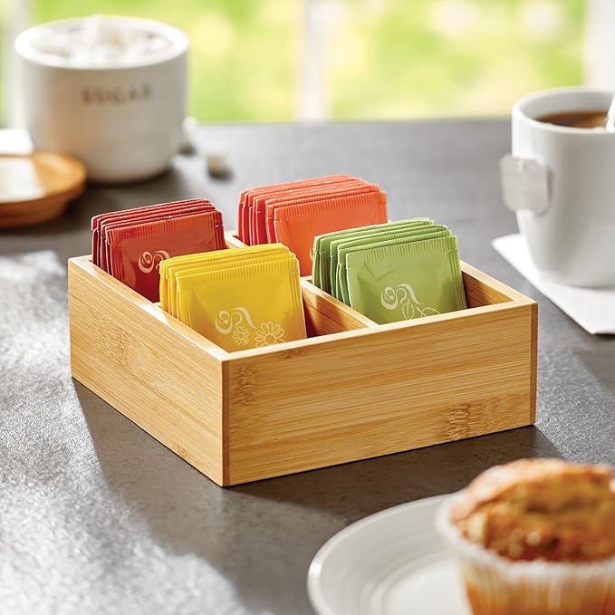 mDesign Bamboo Divided Storage Bin Container, Drawer Organizer Crate Box for Kitchen Pantry Cabinet, Shelf, Island Countertop, Holds Snacks, Spices, Drinks, Echo Collection, Natural/Tan