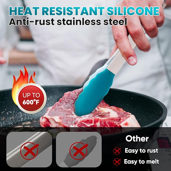 600℉ Heat Resistant Kitchen Tongs for Cooking with Silicone Tips,Maywe Tanso 17-Inch Stainless Steel Locking Cooking Tongs Food Tongs for BBQ,Salad and Serving Food,Heavy Duty,Non-Stick,Turquoise