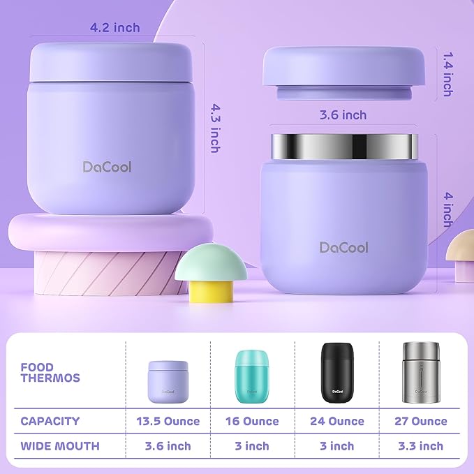 DaCool Kids Thermo for Hot Food 13 OZ Insulated Food Jar Kids Lunch Food Thermo Vacuum Stainless Steel Insulated Lunch Container Bento for School Office Picnic Travel Outdoors, Light-Purple