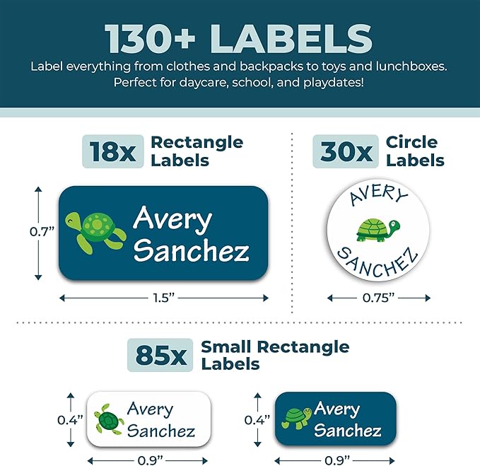 Personalized Daycare Name Labels for Kids (130 Labels) - Custom Waterproof Name Stickers for Clothing Tags, Water Bottles, Lunch Boxes and School Supplies (Turtles)