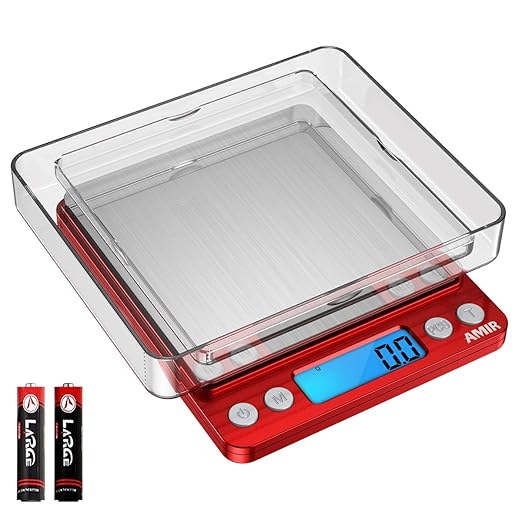 Digital Kitchen Scale, 3000g Pocket Cooking Scale with 0.1g Accuracy, Mini Food Scale, Pro Electronic Jewelry Scale with Back-Lit LCD Display, Tare & PCS Functions (Red, Batteries Included)