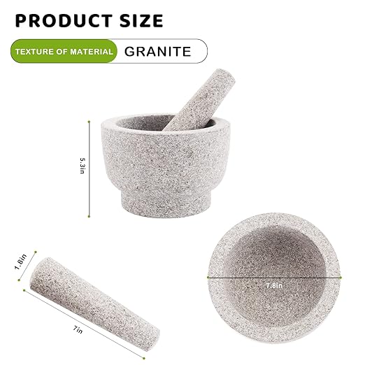 Mortar and Pestle Set,Heavy Duty,Unpolished Granite,8Inch-5Cup Capacity,Grinder for Spices and Seeds,Grinding,Crushing and Mashing Spices,Nuts,for Guacamole,Garlic Sauce,Gray.