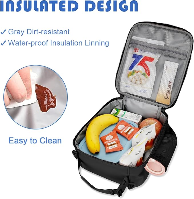 Initial Insulated Lunch Bag for Boys Kids, Back to School Gift, Reusable Leak-proof Lunch Box with Adjustable Strap for School Daycare Travel Picnic（Black，O）