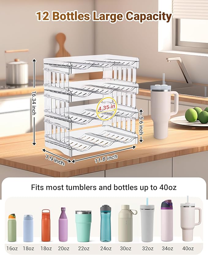 Large Tumbler Organizer for Stanley Cup 40 oz, Patented Kitchen Pantry Organizers and Storage for Stanley Cup Accessories, Stackable Water Bottle Organizer Holder Gifts 4Pack Large-12-bottle