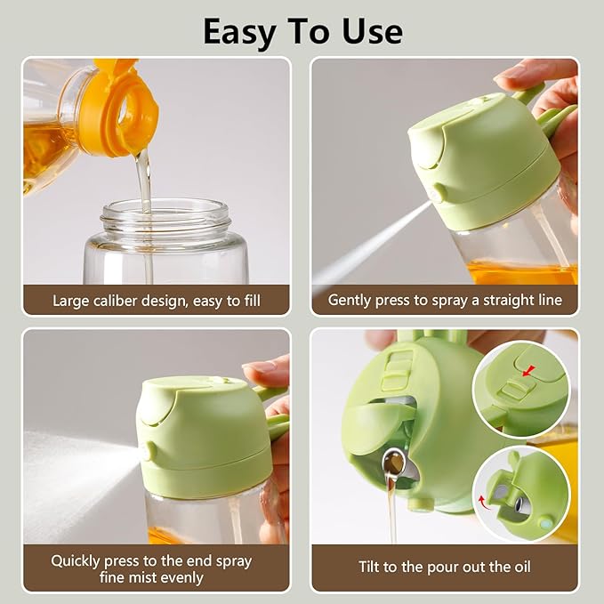 16oz/470ml Oil Dispenser and Oil Sprayer, Glass Olive Oil Pourer for Kitchen, Air Fryer, Cooking, Salad, BBQ(Green)