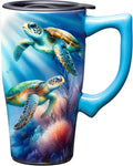 Spoontiques - Ceramic Travel Coffee Mug with Lid and Handle - Spill Proof Lid - Double Walled Mug for Hot and Cold Beverages - Microwave and Dishwasher Safe - Sea Turtle Travel Mug