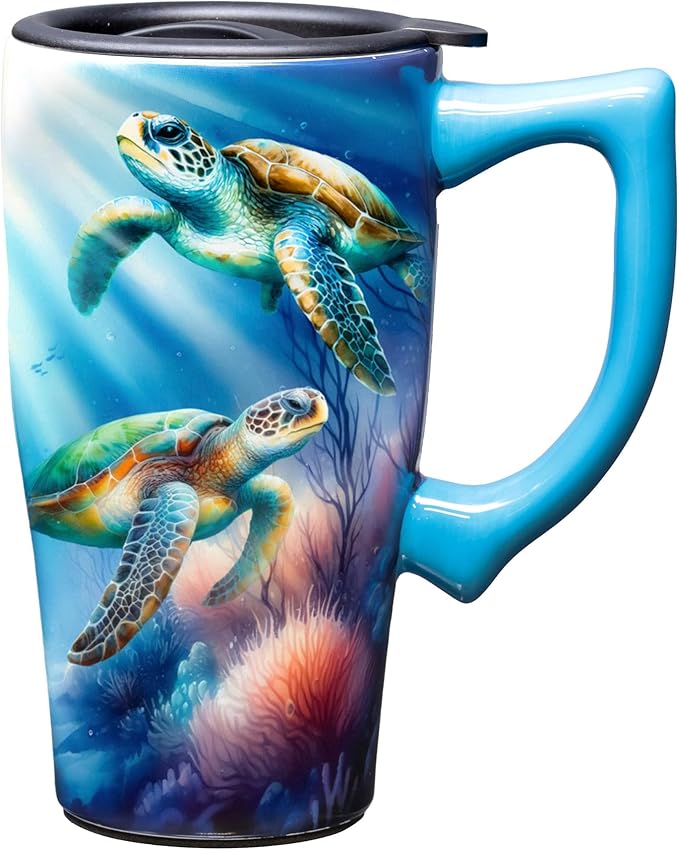 Spoontiques - Ceramic Travel Coffee Mug with Lid and Handle - Spill Proof Lid - Double Walled Mug for Hot and Cold Beverages - Microwave and Dishwasher Safe - Sea Turtle Travel Mug